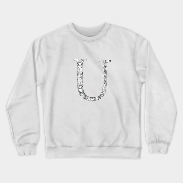 Henna Alphabet U / Henna Letter U - Black Henna Line Art Crewneck Sweatshirt by Tilila